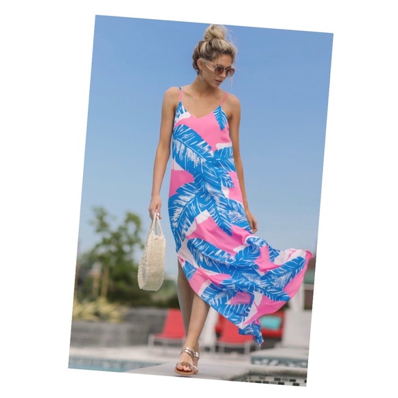 TROPICAL PALM SIDE SLIT SUMMER MAXI DRESS - Picture 3 of 4